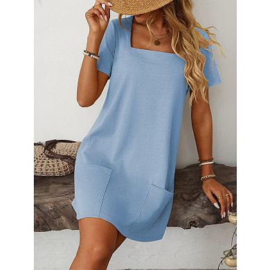 Womens Solid Color Casual Summer Square Neck Short Sleeve Mini Dresses with Pockets