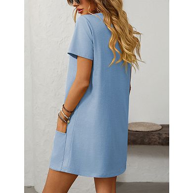 Womens Solid Color Casual Summer Square Neck Short Sleeve Mini Dresses with Pockets