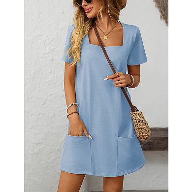 Womens Solid Color Casual Summer Square Neck Short Sleeve Mini Dresses with Pockets