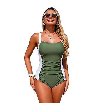 Seoria Womens Square Neck Ruched One Piece Swimsuit With Scallop Trim
