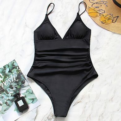 Women Smocked One Piece Swimsuits v Neck Slimming Bathing Suit Swimming Suits