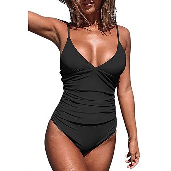 Women Smocked One Piece Swimsuits v Neck Slimming Bathing Suit Swimming Suits