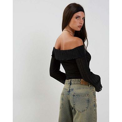 Women's Long Sleeve Off-Shoulder Crop Top Front Split Fitted Knit Tee Shirts Going Out Tops