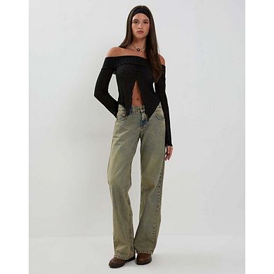 Women's Long Sleeve Off-Shoulder Crop Top Front Split Fitted Knit Tee Shirts Going Out Tops