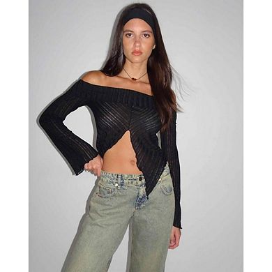 Women's Long Sleeve Off-Shoulder Crop Top Front Split Fitted Knit Tee Shirts Going Out Tops