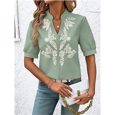 Women Short Sleeve Shirt Casual Embroidered Stand Collar Top