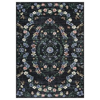 Washable Modern Floral Area Rug, Non-Slip Low Pile Faux Wool Carpet, Collapsible Accent Mat