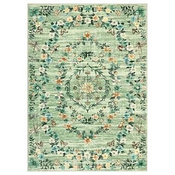 Washable Modern Floral Area Rug, Non-Slip Low Pile Faux Wool Carpet, Collapsible Accent Mat
