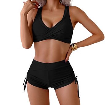Women's Two Piece Solid Color Bathing Suit Twist Front Bikini Swimsuit Drawstring Tie Side Bottom