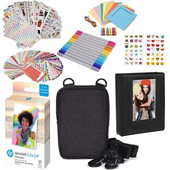 HP Sprocket 2.3 x 3.4” Zink Photo Paper Kit - 50 Pack Zink Paper, Case, Album, Markers & Stickers