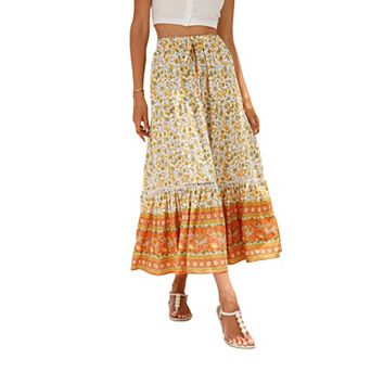 Women's Bohemian Floral Print Tiered Midi Skirt, Elastic Waist Beach Resort Skirt