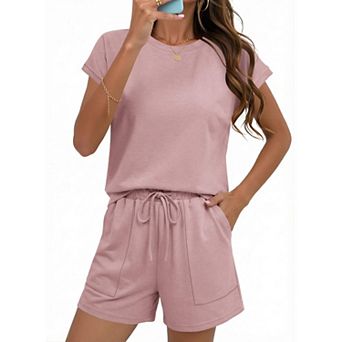 Ekouaer Two Piece Sets Summer Crew Neck Lounge Short Cap Sleeve Drawstring Vacation Outfits