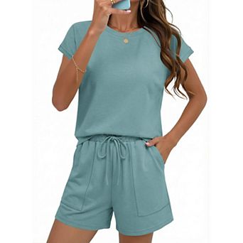 Ekouaer Two Piece Sets Summer Crew Neck Lounge Short Cap Sleeve Drawstring Vacation Outfits