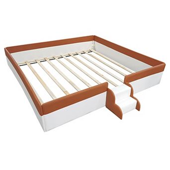 Pnronnc Daybed Bed Frame with Fence and Stairs, Toddler Floor Bed, Kids Upholstered Bed
