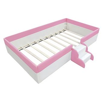 Pnronnc Daybed Bed Frame with Fence and Stairs, Toddler Floor Bed, Kids Upholstered Bed