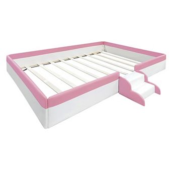 Pnronnc Daybed Bed Frame with Fence and Stairs, Toddler Floor Bed, Kids Upholstered Bed