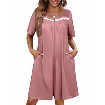 Ekouaer Women Zipper Robe Short Sleeves House Coat Zipper Front Bathrobe Housecoat Nightgown