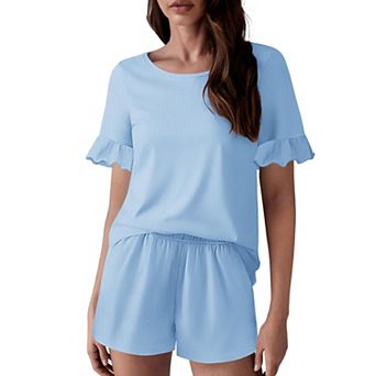 Ekouaer Womens Cotton Pajamas Set Ruffle Sleeves Top and Short Soft Sleepwear Two Piece Lounge