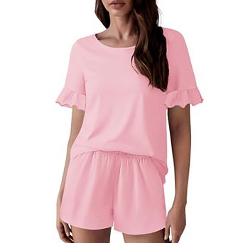 Ekouaer Womens Cotton Pajamas Set Ruffle Sleeves Top and Short Soft Sleepwear Two Piece Lounge