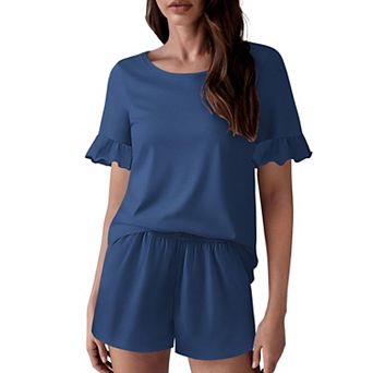 Ekouaer Womens Cotton Pajamas Set Ruffle Sleeves Top and Short Soft Sleepwear Two Piece Lounge
