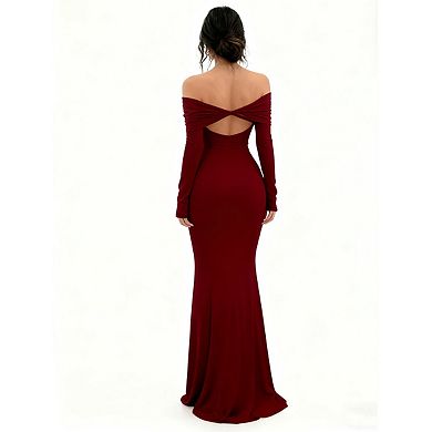 Women's Elegant Bodycon Off Shoulder Sleeveless High Split Ruched Long Formal Evening Dress