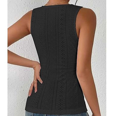 Women's V Neck Sleeveless Wrap Tank Top, Ruched Button Detail Eyelet Cami