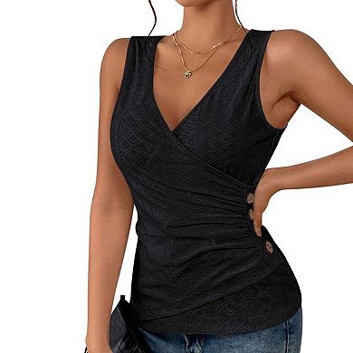 Women's V Neck Sleeveless Wrap Tank Top, Ruched Button Detail Eyelet Cami