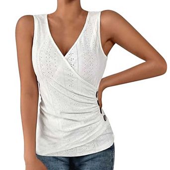 Women's V Neck Sleeveless Wrap Tank Top, Ruched Button Detail Eyelet Cami