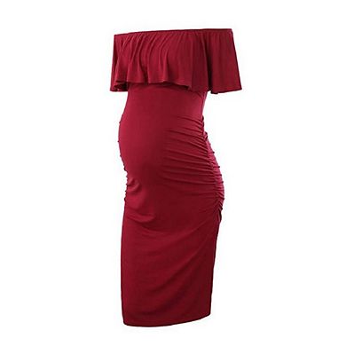 Womens Maternity Off Shoulder Ruched Ruffle Off Shoulder Baby Shower Dress