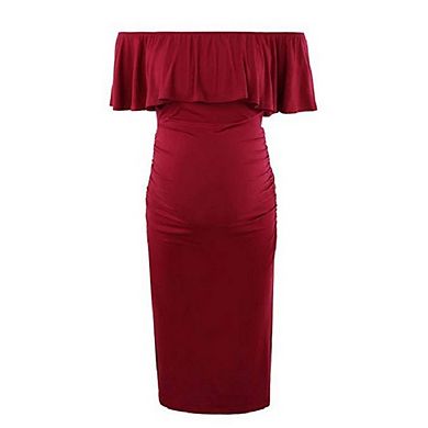 Womens Maternity Off Shoulder Ruched Ruffle Off Shoulder Baby Shower Dress