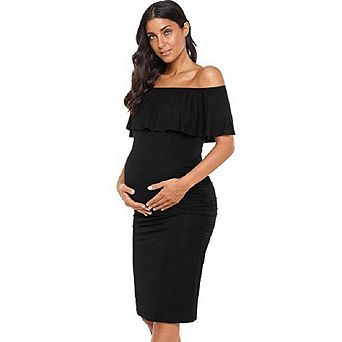 Womens Maternity Off Shoulder Ruched Ruffle Off Shoulder Baby Shower Dress