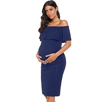 Womens Maternity Off Shoulder Ruched Ruffle Off Shoulder Baby Shower Dress