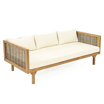 Eazegath Outdoor Wood 3-Seater Sofa Patio Daybed with Rattan Arms and Cushions