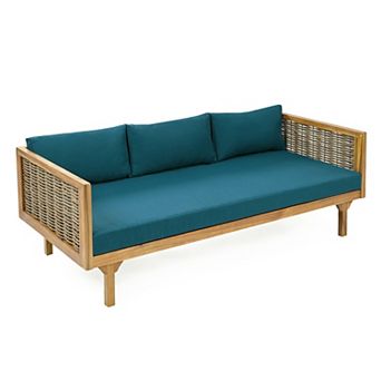 Eazegath Outdoor Wood 3-Seater Sofa Patio Daybed with Rattan Arms and Cushions