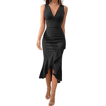Women V Neck Bodycon Mini Dress Ruched Sleeveless Asymmetrical Ruffle Hem Slit Cocktail Party Dress