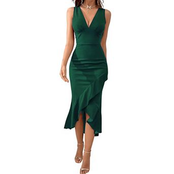 Women V Neck Bodycon Mini Dress Ruched Sleeveless Asymmetrical Ruffle Hem Slit Cocktail Party Dress