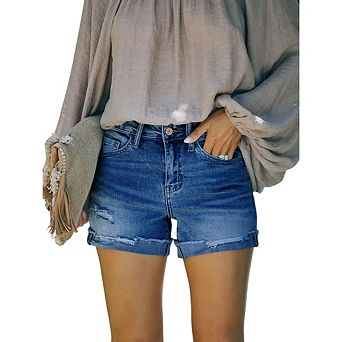 Women's High Waisted Ripped Stretchy Jean Shorts Folded Hem Casual Denim Shorts
