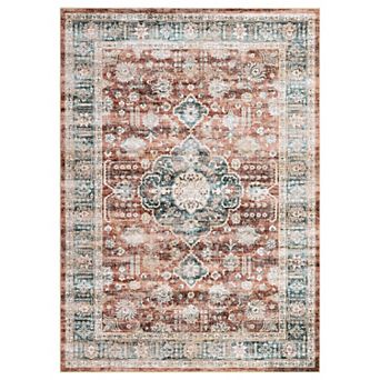 Washable Vintage Low Pile Area Rug, Non-Slip Farmhouse Oriental Carpet for Living Room, Foldable