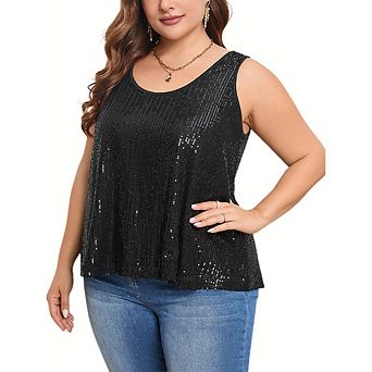 Womens Plus Size Sequin Tank Tops Summer Scoop Neck Sleeveless t-Shirts