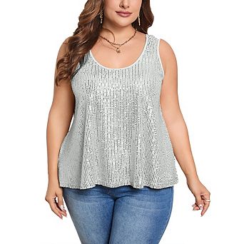 Womens Plus Size Sequin Tank Tops Summer Scoop Neck Sleeveless t-Shirts