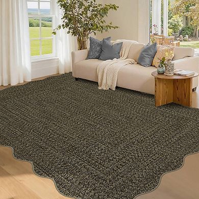 Grey Scalloped Modern Solid Kitchen Bedroom Living Room Polyester Rectangular Machine Washable
