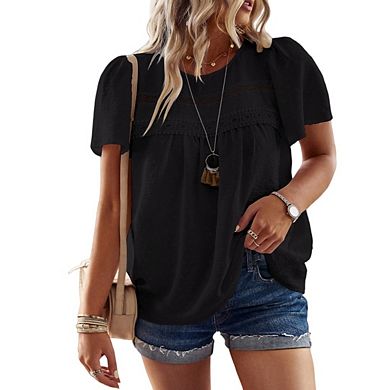 Womens Plus Size Crewneck Short Sleeve Casual Flowy Lace Hem Boho Tee Shirt