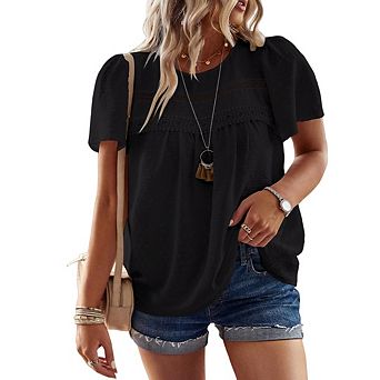 Womens Plus Size Crewneck Short Sleeve Casual Flowy Lace Hem Boho Tee Shirt