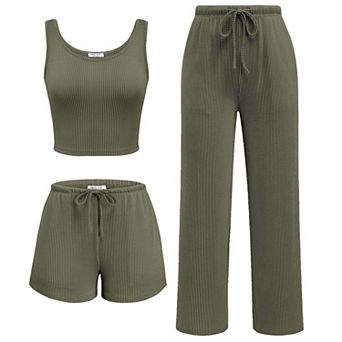 Ekouaer Women Three Piece Lounge Set Twisted Rib Vacation Outfits Crop Top Shorts & Pants