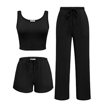 Ekouaer Women Three Piece Lounge Set Twisted Rib Vacation Outfits Crop Top Shorts & Pants