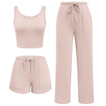 Ekouaer Women Three Piece Lounge Set Twisted Rib Vacation Outfits Crop Top Shorts & Pants