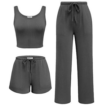 Ekouaer Women Three Piece Lounge Set Twisted Rib Vacation Outfits Crop Top Shorts & Pants