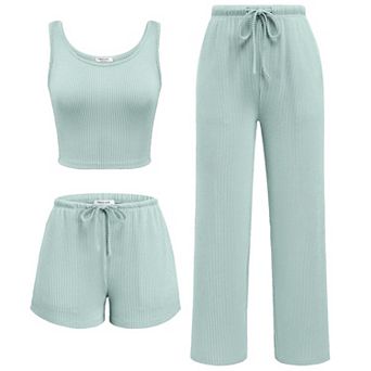 Ekouaer Women’s Three Piece Twisted Rib Lounge Set Crop Top Shorts and Pants