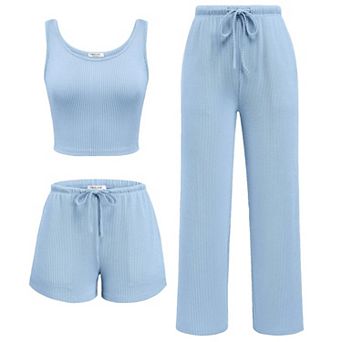 Ekouaer Women Three Piece Lounge Set Twisted Rib Vacation Outfits Crop Top Shorts & Pants