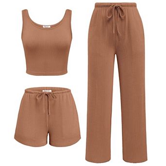 Ekouaer Women Three Piece Lounge Set Twisted Rib Vacation Outfits Crop Top Shorts & Pants